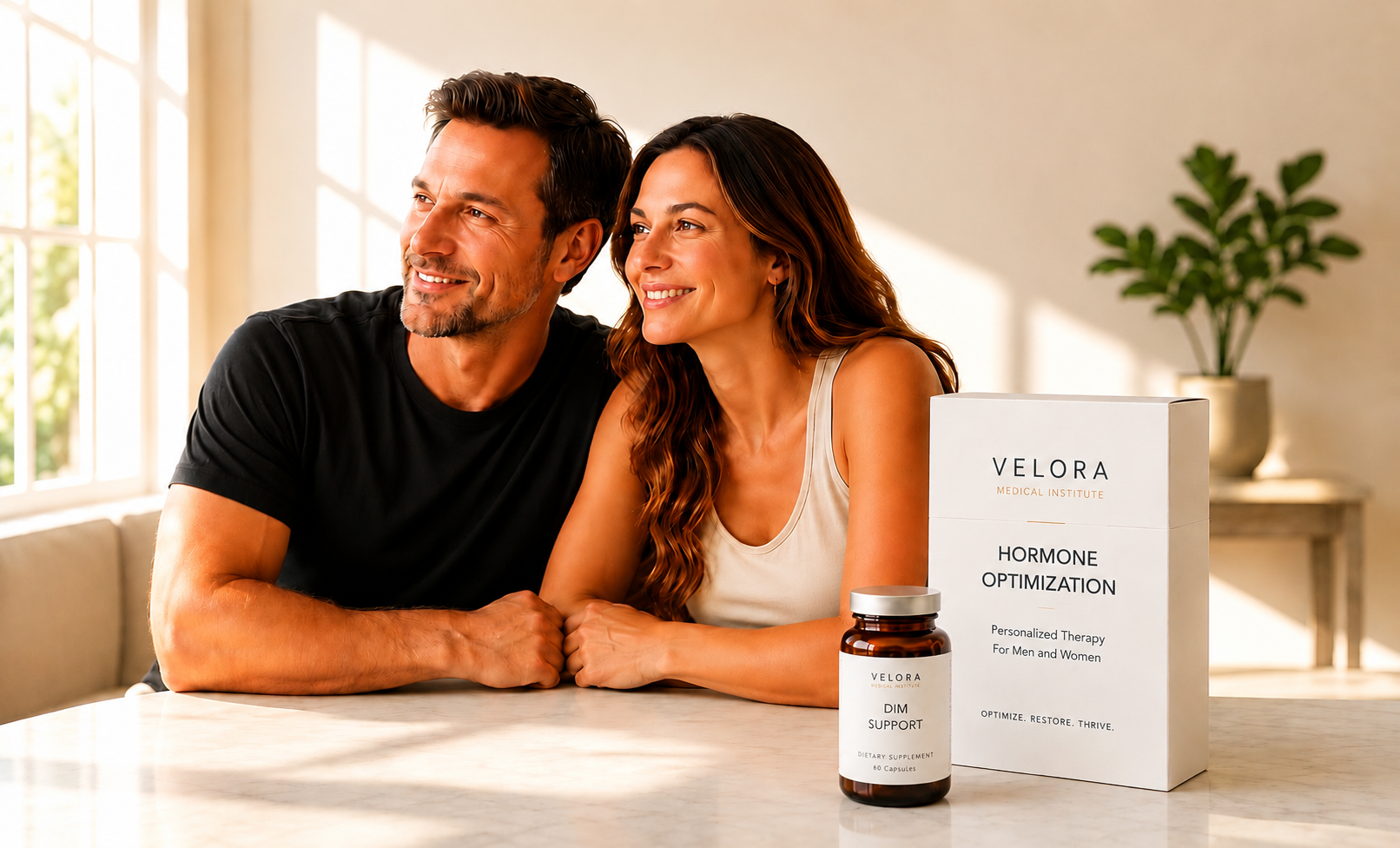 A smiling man and woman beside the Velora Hormone Optimization package and DIM Support supplement — personalized hormone therapy for men and women