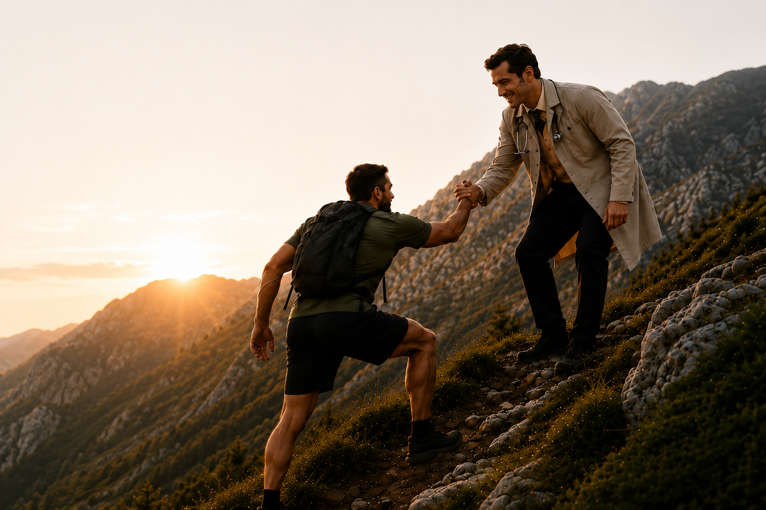 A Velora physician helping a patient up a mountain trail at sunrise