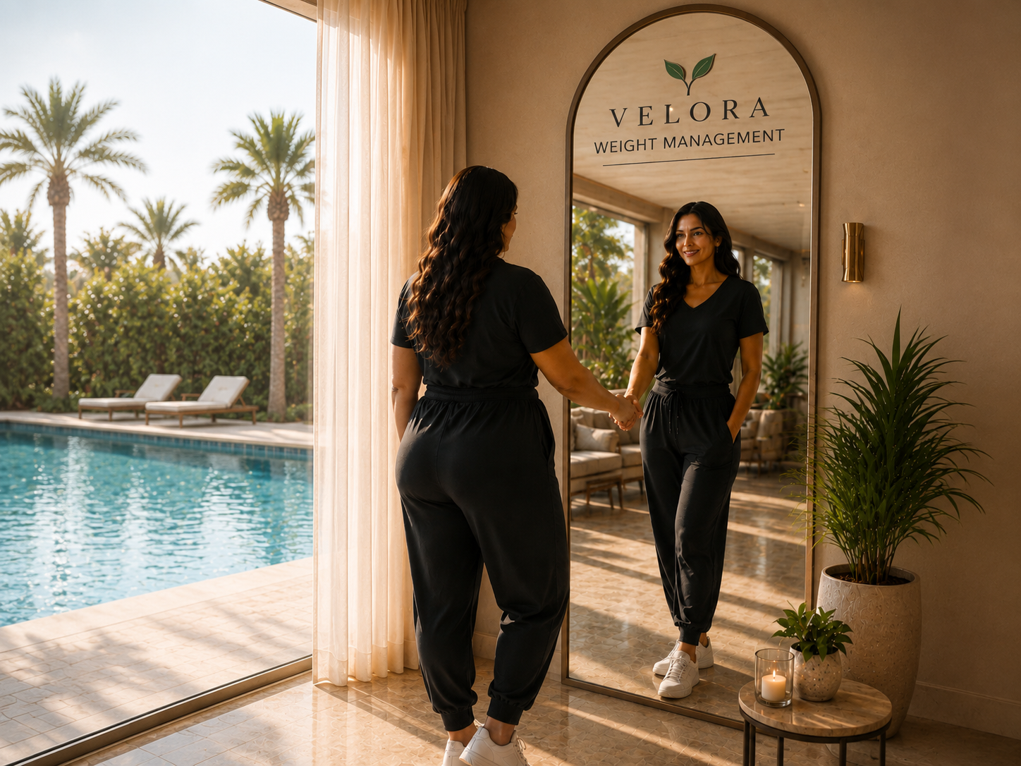 A woman looking at her reflection in a Velora Weight Management mirror — physician-guided weight care
