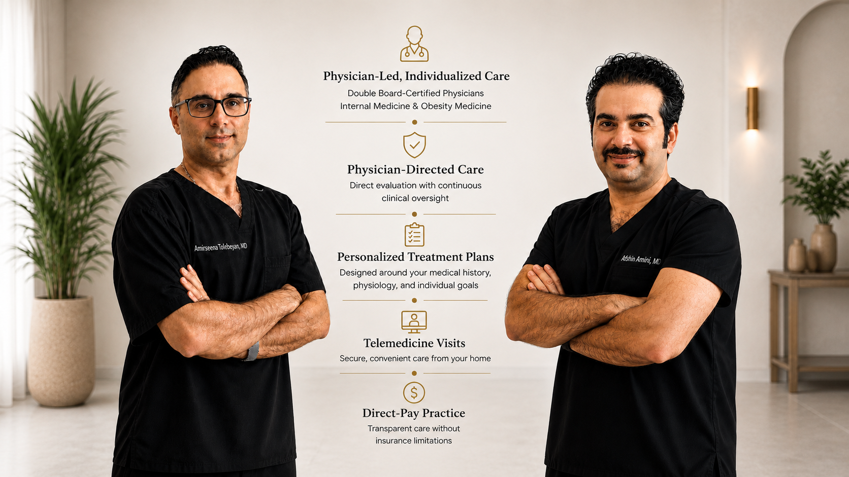 Drs. Tolebeyan and Amini — double board-certified in Internal Medicine and Obesity Medicine — flanking the Velora care framework: Physician-Led Individualized Care; Physician-Directed Care; Personalized Treatment Plans; Telemedicine Visits; Direct-Pay Practice